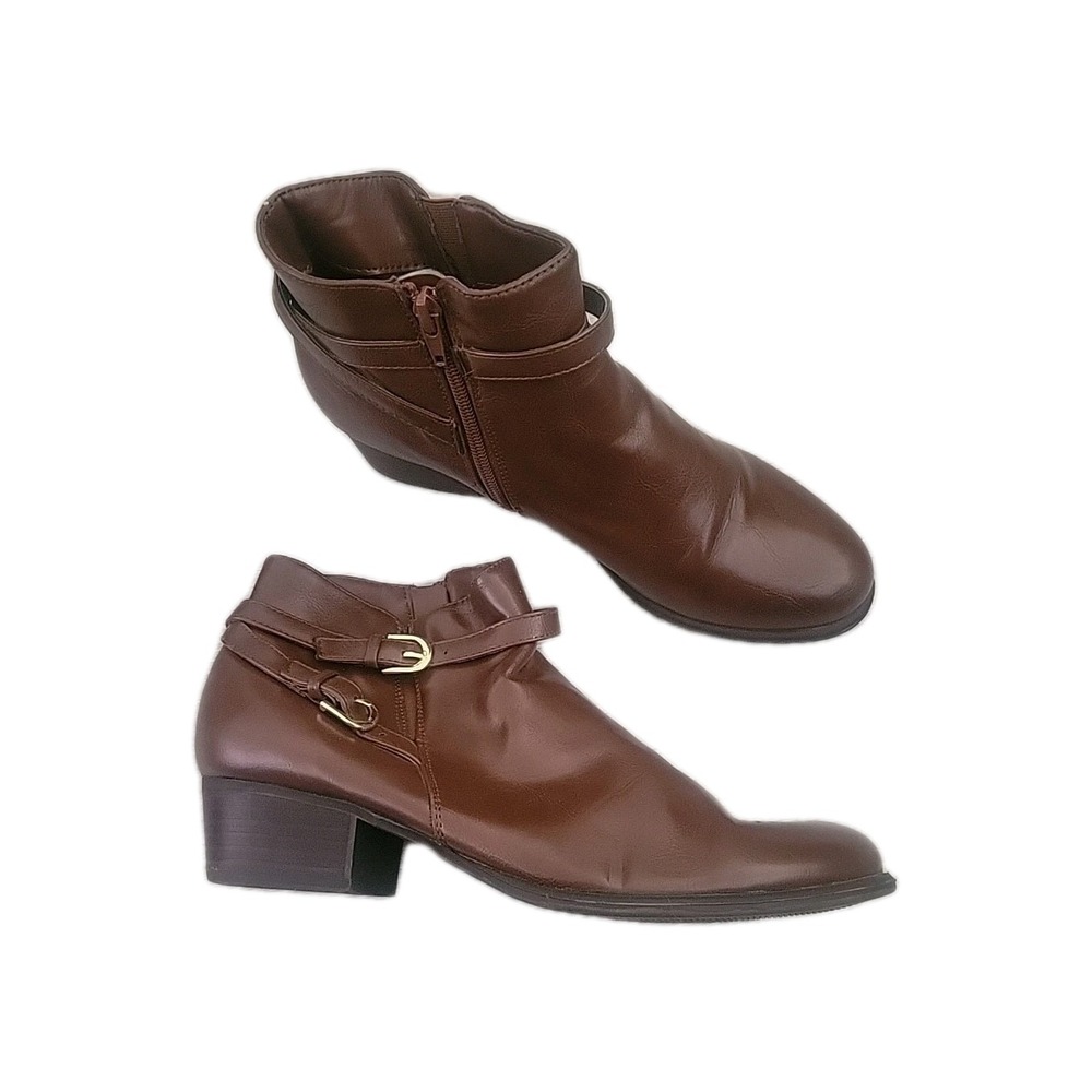 UNISA 9.5 M Ankle Boot Brown UNPAYTA Block‎ Heel Side Zip Round Toe Gold Buckle
